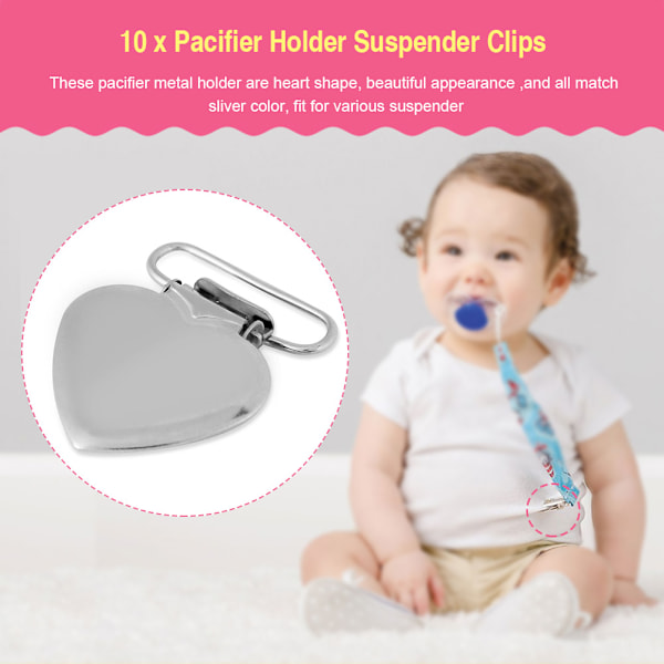 10 stk Metall Hjerteformet Innlegg Smokkeholder Seler Klips for DIY Håndverk