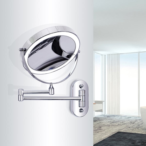 Veggmontert sminkespeil med LED-lys 5X forstørrelsesspeil 360° Rotasjon Dimbar lys for bad omkledningsrom Hotell