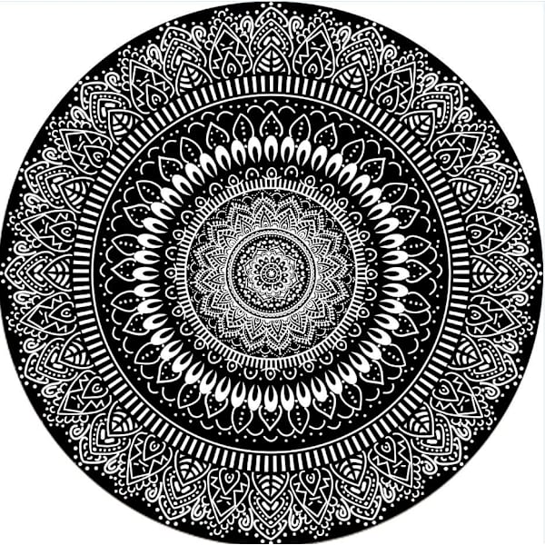 Sisä- ja ulkokäyttöön sopiva pyöreä matto, jossa musta kukka, 120x120cm, sisä- ja ulkokäyttöön