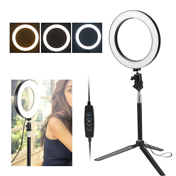 20 cm LED-ringljus i aluminiumlegering 3200K-5500K dimbar USB-port fotolampa med stativ selfiepinne