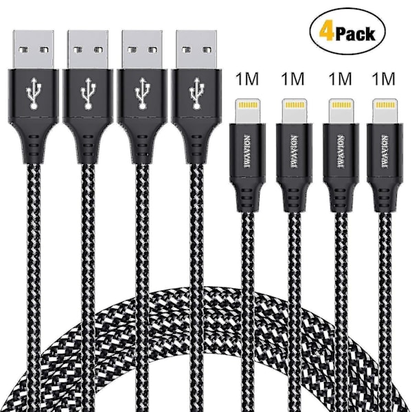 Iphone-laderkabel, 4-pakning 3ft/1m lynkabel nylonflettet iPhone-kabel USB-synkroniseringssnor rask