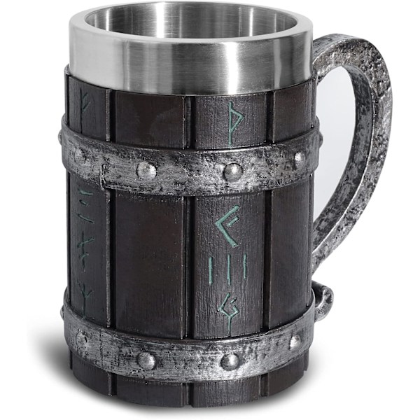 Nordiske Viking Rune Ølkrus - Stort Egetræskrus - Med 3D Resin - Til Mænd, Fars Dags Gave 550ml{DH}