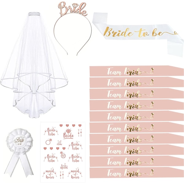 Tilbehør, 15-pakning utdrikningslagstilbehør, EVJF-sash-sett med 10 Team Bride-skjerf, 1 Bride-to-be-skjerf, brudeslør, merke, tiara-pannebånd, tatovering