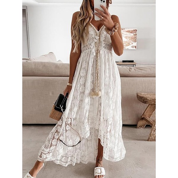 Naisten maksimekko, swing-malli, valkoinen beige, hihaton, painatus White White XL