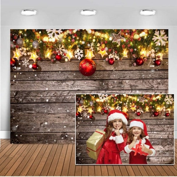 Heyone 8x6FT Julbakgrund i Trä med Stjärndekoration Jul Snö Träbakgrund för Gott Nytt År Fotografering Jul