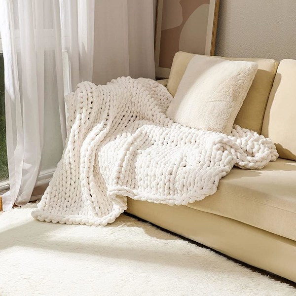 2 stk Chunky Knit Chenille Garn til Håndstrikk Tepper, Super Myk Stor Jumbo Filt Garn (Hvit)