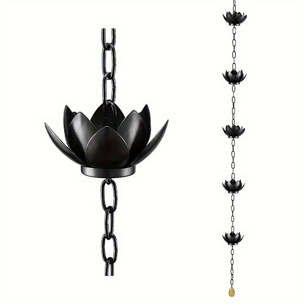 Regnkæde, Lotus Regnvandsopsamler Kæde til Tagrender Udendørs, Regnkædekopper til Udskiftning af Tagrendens Nedløbsrør Black