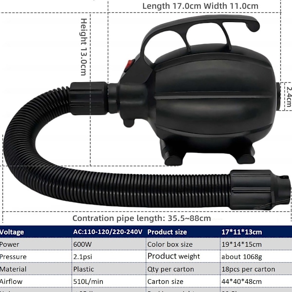 600W Elektrisk Luftpumpe for Oppblåsbar Gymnastikkmatte, Luftmadrasspumpe Rask Fylling Inflator Deflator Pumpe, Portabel Luftpumpe for Bassengleker/Luft