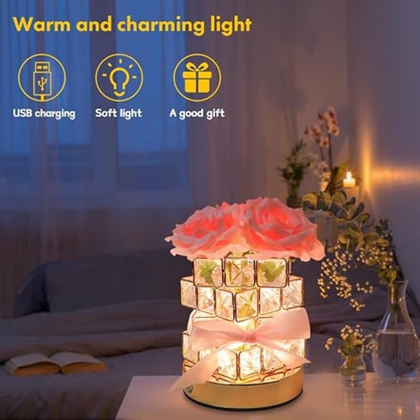 Rose Krystal Bordlampe USB Genopladelig 3 Farver Dæmpbar Blomsterlampe Firkantet Krystalvase Romantisk Gave til Kvinder Hustru Kæreste Værelsesdekoration
