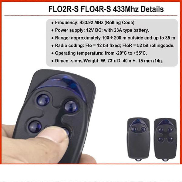 FLO2R-S 433MHz Rullende Kode Garageport Fjernbetjening Port Fjernbetjening Flor-2