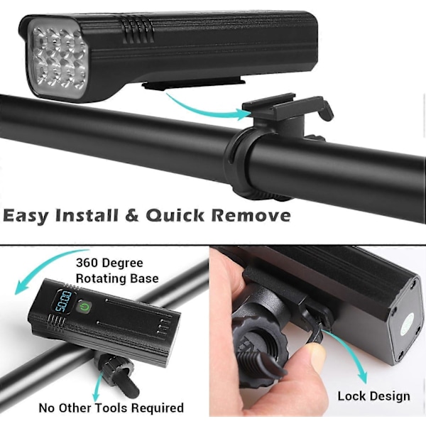 Sykkellykter foran, 8000 Lumen Super Sterk 8 LED 5200mAh USB Oppladbar, Strømdisplay & 5 Lysmoduser, IPX5 Vanntett