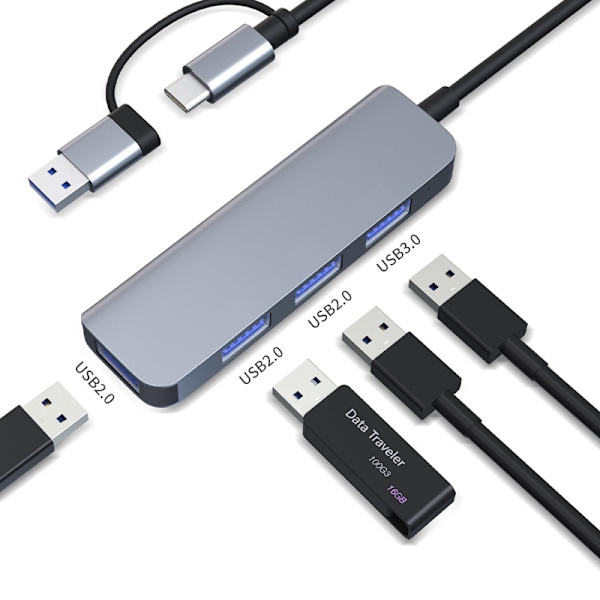 Dubbel USB-C och USB-A Hub med 1 USB3.0-port och 3 USB2.0-portar