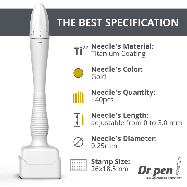 Justerbar Microneedling Stempel - Professionel mikronål til hår, skægvækst - Fantastisk hudpen til ansigt - 140 titanstifter