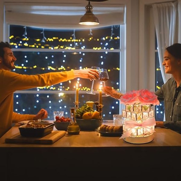 Rose Krystal Bordlampe USB Genopladelig 3 Farver Dæmpbar Blomsterlampe Firkantet Krystalvase Romantisk Gave til Kvinder Hustru Kæreste Værelsesdekoration