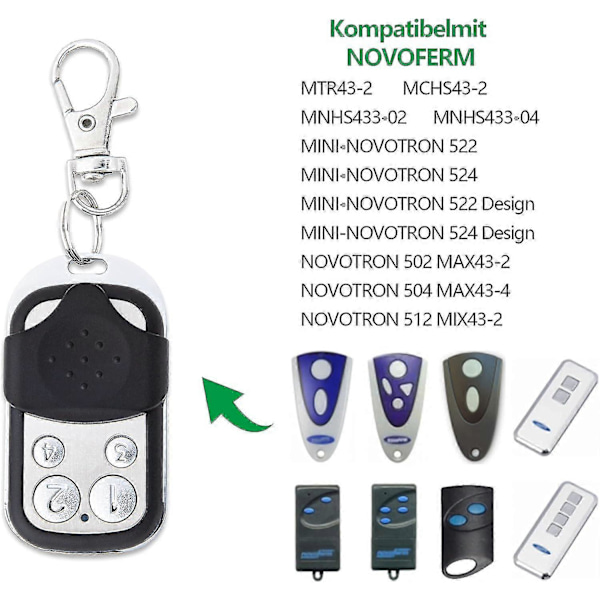 Pakke med 2 fjernkontroller for garasjeport 433.92 MHz 100% kompatibel med NOVOFERM NOVOTRON 502 MAX43-2, 504 MAX43-4, 512 MIX43-2, MNHS4
