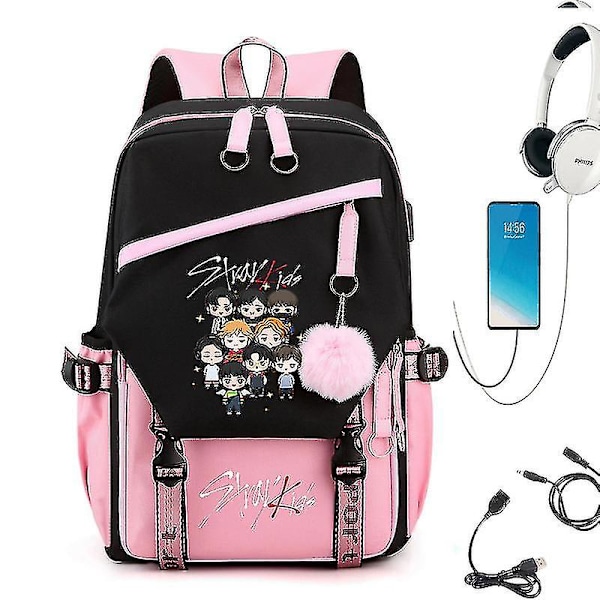 Stray Kids Combo Around The Same USB Ryggsekk Skoleveske Ryggsekk Koreanske Studenter Herre- og Damevesker