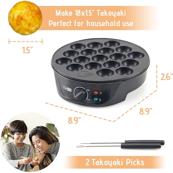 Takoyaki Maker Pan med Temperaturkontroll, Verktøy og Oppskrifter, Lager 18 Japanske Bleksprutboller på en gang, Enkel å Bruke