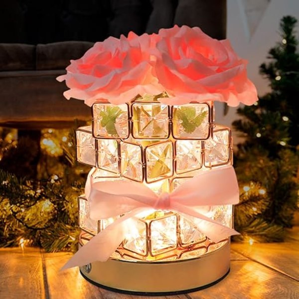 Rose Krystall Bordlampe USB Oppladbar 3 Farger Dimbar Blomsterlampe Firkantet Krystallvase Romantisk Gave til Kvinner Kone Kjæreste Romdekorasjon