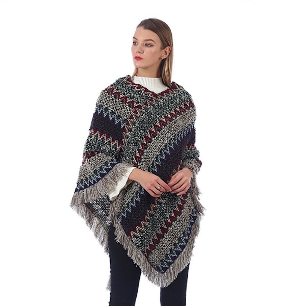 Vintertröja Cape Lös Virkad Poncho med Tofs Varm Tröjkappa för Kvinnor