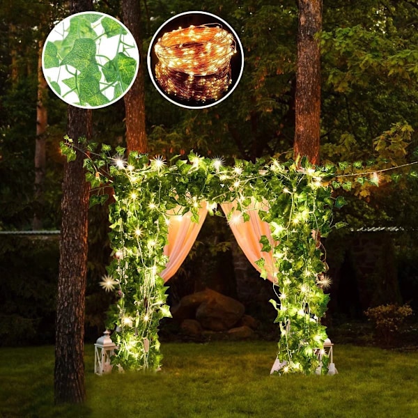 12-pak kunstig efeu-guirlande med 100 LED-lys