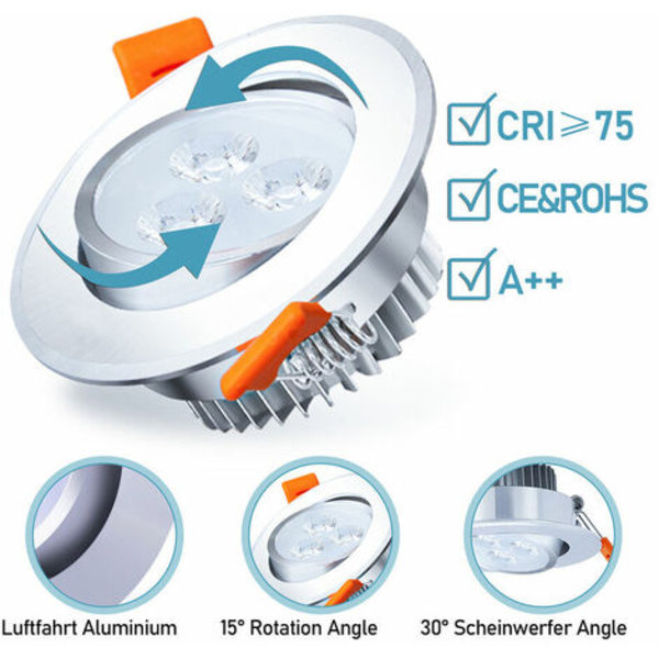 20X LED Spot Infälld Spotlight Set Infälld Spotlight för Tak IP44 3W A++ 230 V Varmvit CE&ROHS med Transformator