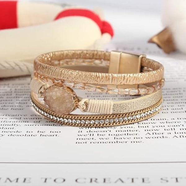 Lærarmbånd Boho Mansjettarmbånd Krystallperlearmbånd med Magnetisk Lås for Kvinner (Gull) K