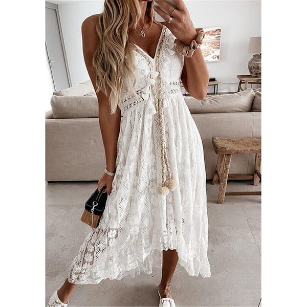 Maxikjole til kvinder, svingmodel, hvid beige, ærmeløs, print White White XL