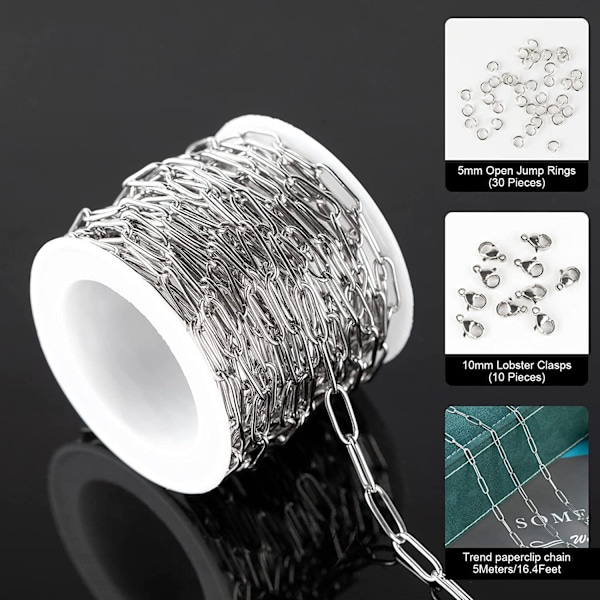 Rulle 5m Rustfrit Stål Papirkæde Bulk 12x4mm Papirkæder Ægte Led 10 Hummere 30 Åbne Ringe