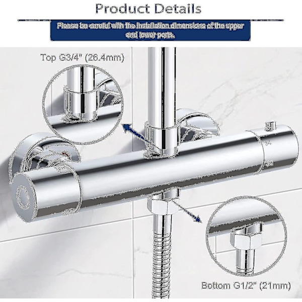 Termostatisk bruseblander med 2 udgange, messing, termostatisk brusearmatur, dobbelt bruseblander, højt udløb G3/4 Bsp (26,4 mm) + lavt G1/2 \"bsp (21 mm)