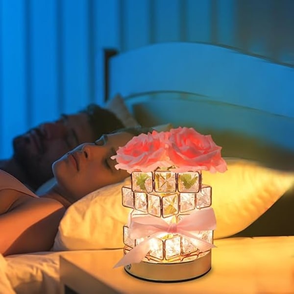 Ros Kristall Bordslampa USB Uppladdningsbar 3 Färger Dimbar Blomlampa Fyrkantig Kristallvas Romantisk Gåva för Kvinnor Fru Flickvän Rumsdekoration