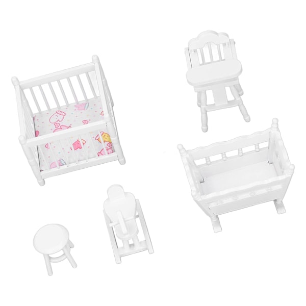 Dockhus Barnkammare Möbler Vit 1:12 Spjälsäng Bassinet Stol Hobbyhäst Rund Pall Legering Miniatyr Babymöbler