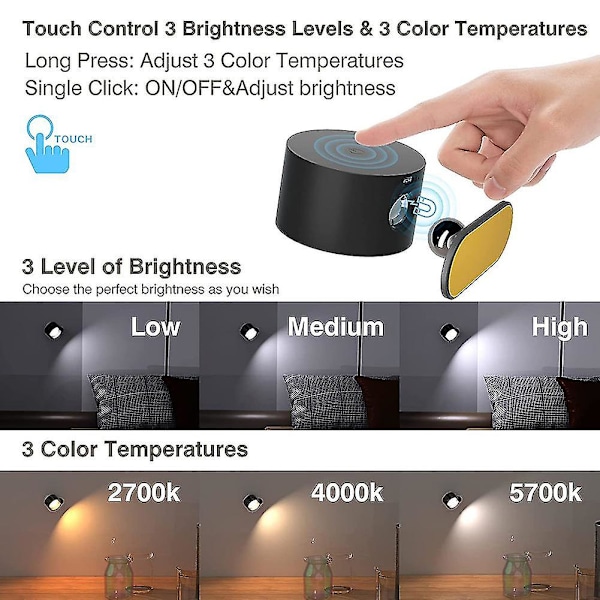 Genopladelig væglampe sengelampe læselampe genopladelig bærbar touch justerbar natlampe magnetisk suge kabinetlampe (sort)