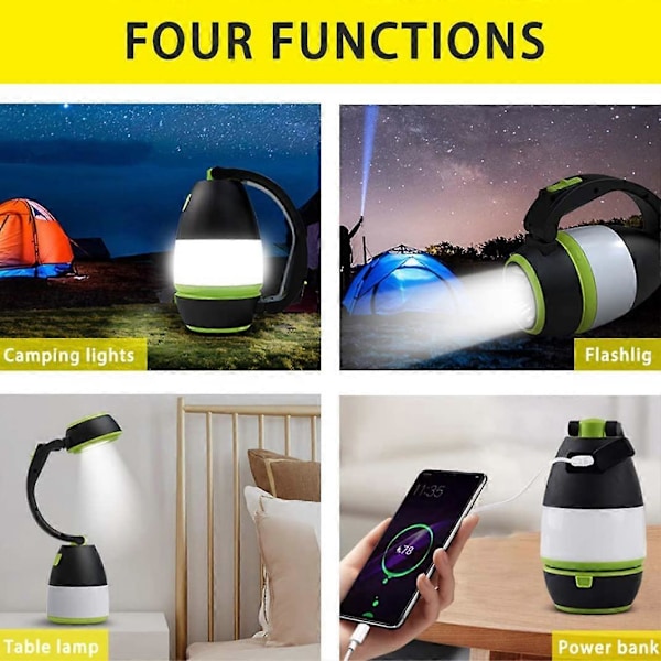 2024 Bärbar 3-i-1 Lykta Tältlampa Glödlampa USB-driven Campinglampa för Camping Vandring Grön och Svart