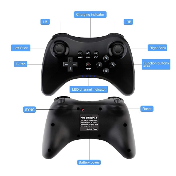 Pro-controller til Wii U, trådløs controller til Nintendo Wii U-controllere Gamepad Joystick Dual Analog Game Controller (sort)