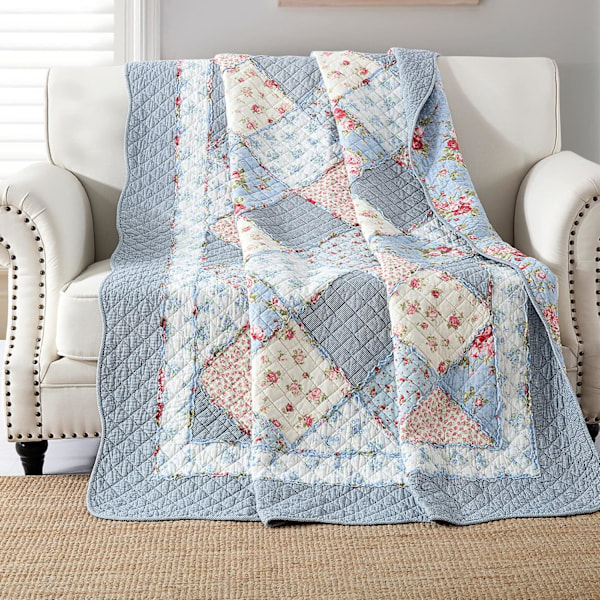 Blått sengeteppe 130x150cm, mykt og komfortabelt 100% bomull enkelt sengeteppe, blåmønstret lappeteppe sengeteppe, ekte lappeteppe sengeteppe, egnet