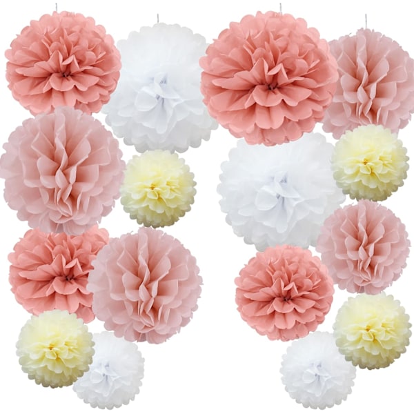 16 stk blandede silkepapirspomponer, pomponer blomster håndlavede bryllupsfestdekorationer bolde #02 Bellini Shade
