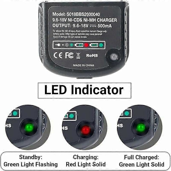 Erstatningsoplader Kompatibel med Black & Decker 9.6V 12V 14.4V 18V Nicad Nimh Batteri HPB18-OPE HPB18 HPB14 HPB12 HPB96 244760-00 A1718 FSB18—