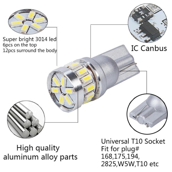2X T10 Canbus W5W 18 st 3014 LED - Vit Silver Silver one size