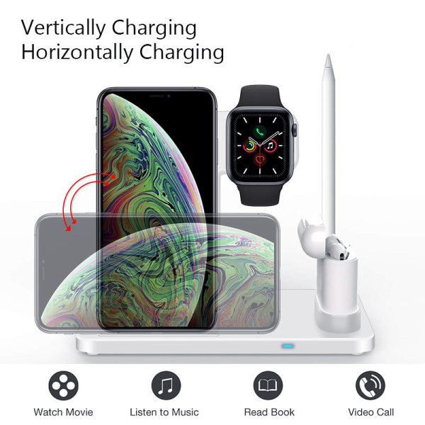 Hvid 4 - 1 opladningsstation til iPhone, Apple Watch, AirPods, Apple blyant 1/2 Silver one size