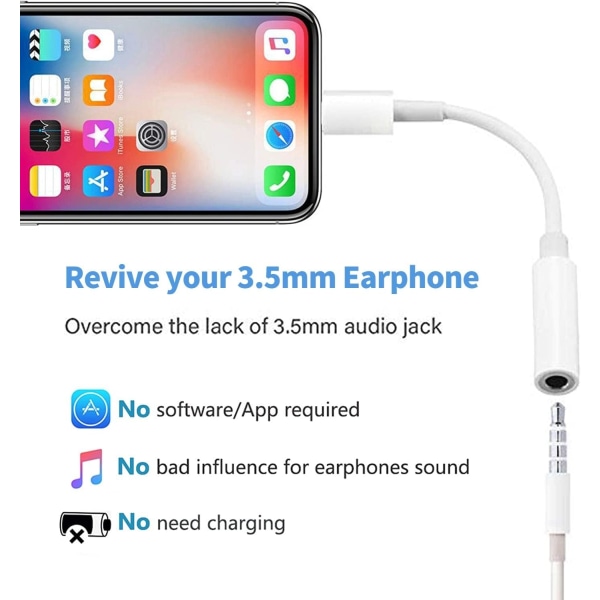2x Lightning till 3,5 mm adapter för hörlurar Vit one size