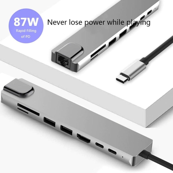 USB C Hub 8 in 1 Multiport Type C -sovitin 4K HDMI -portilla ...... Silver