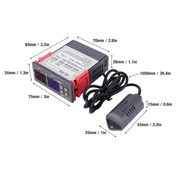 STC - 3028 temperatur- og fugtighedsregulator, PID-regulator 12V Black
