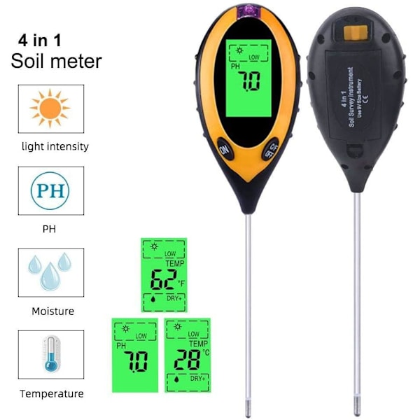 4 i 1 Digital pH mätare för jord, fukt, ljus, jordtemperatur Gul one size