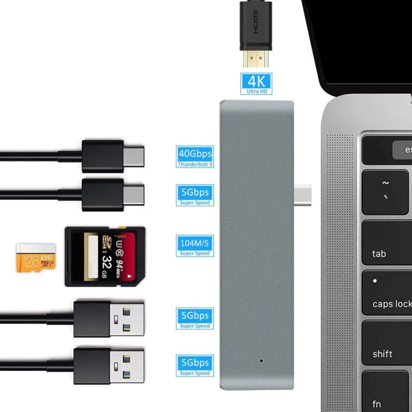 USB C Hub Thunderbolt 7 i 1 med 1 USB C Hane Silver