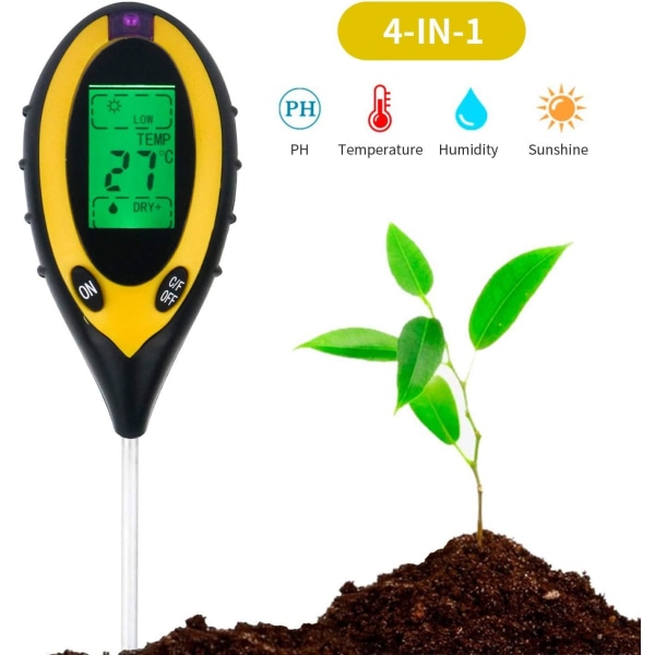 4 i 1 Digital pH -måler til jord, fugt, lys, jordtemperatur Yellow one size