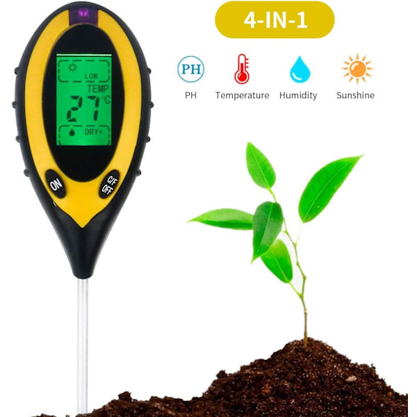 4 i 1 Digital pH mätare för jord, fukt, ljus, jordtemperatur Gul one size