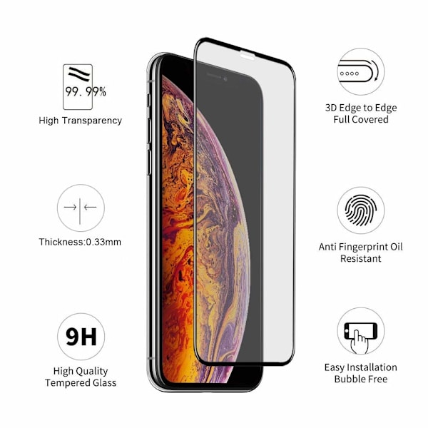 3X Herdet glassdeksel iPhone 11 Pro / X / Xs 5D Full Fit Transparent