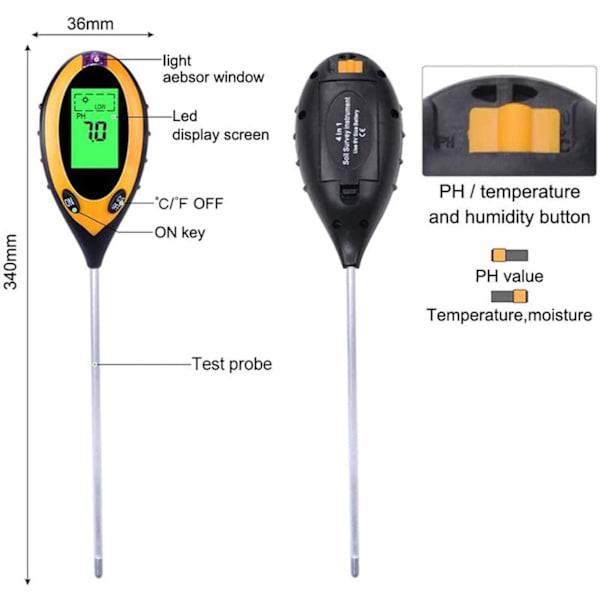 4 i 1 Digital pH -måler til jord, fugt, lys, jordtemperatur Yellow one size