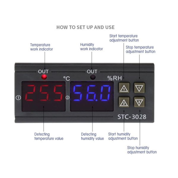 STC - 3028 temperatur & fuktighetsregulator , PID-regulator 12V Svart
