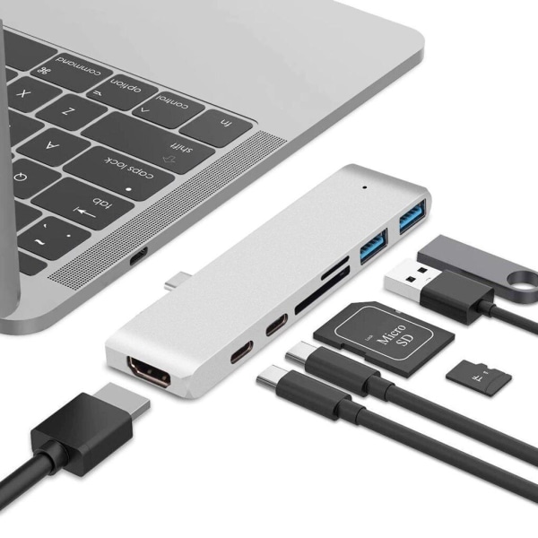 USB C Hub Thunderbolt 7 i 1 med 1 USB C Hane Silver